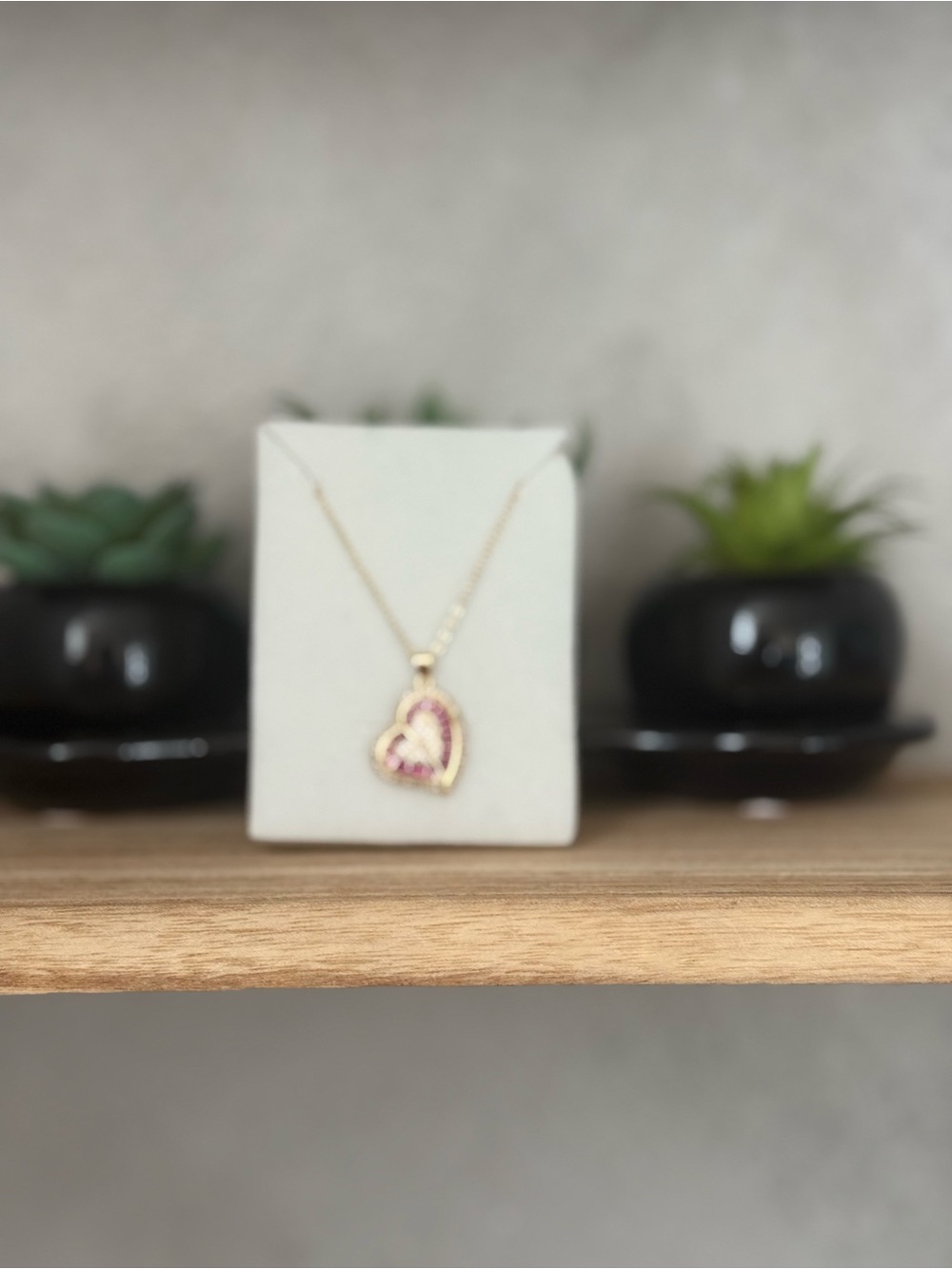 Gold Heart Pendant Necklace with Pink Stone